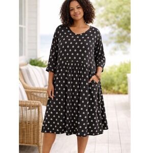 Garnet Hill Midi Dress 12 Black Floral Block Print V-Neck 3/4 Sleeve Pocket READ